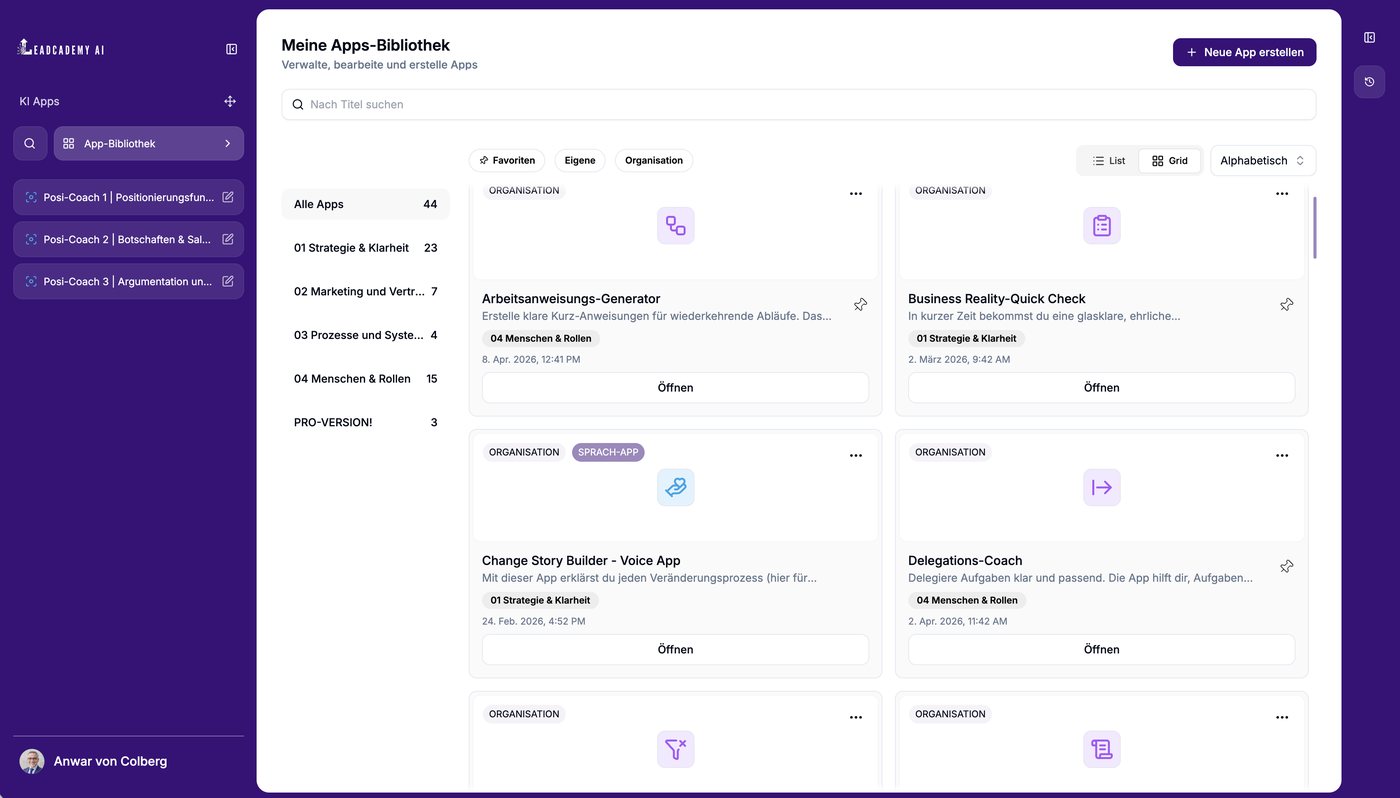 Die App-Bibliothek der LEADCADEMY.AI-Plattform mit den drei Positionierungs-Coaches in der Seitenleiste